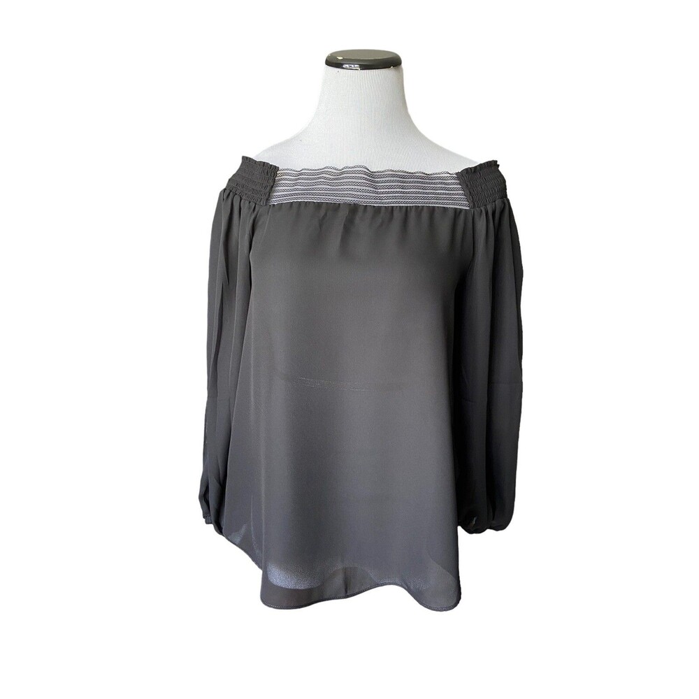 Womens Off Shoulder Split Sleeve Chiffon Blouse Size XS/S Black Sheer Flowy Chic